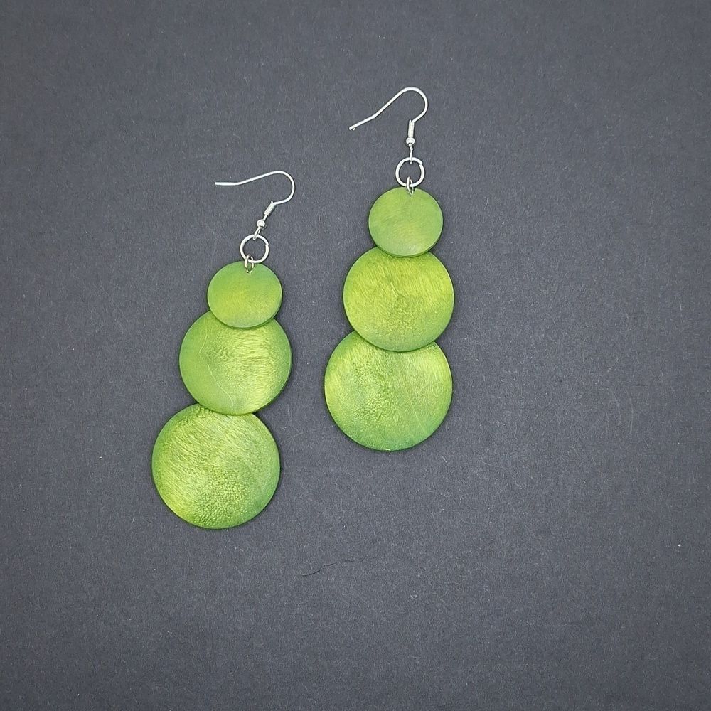 Long Green earrings boho statement  stained wood circle earrings